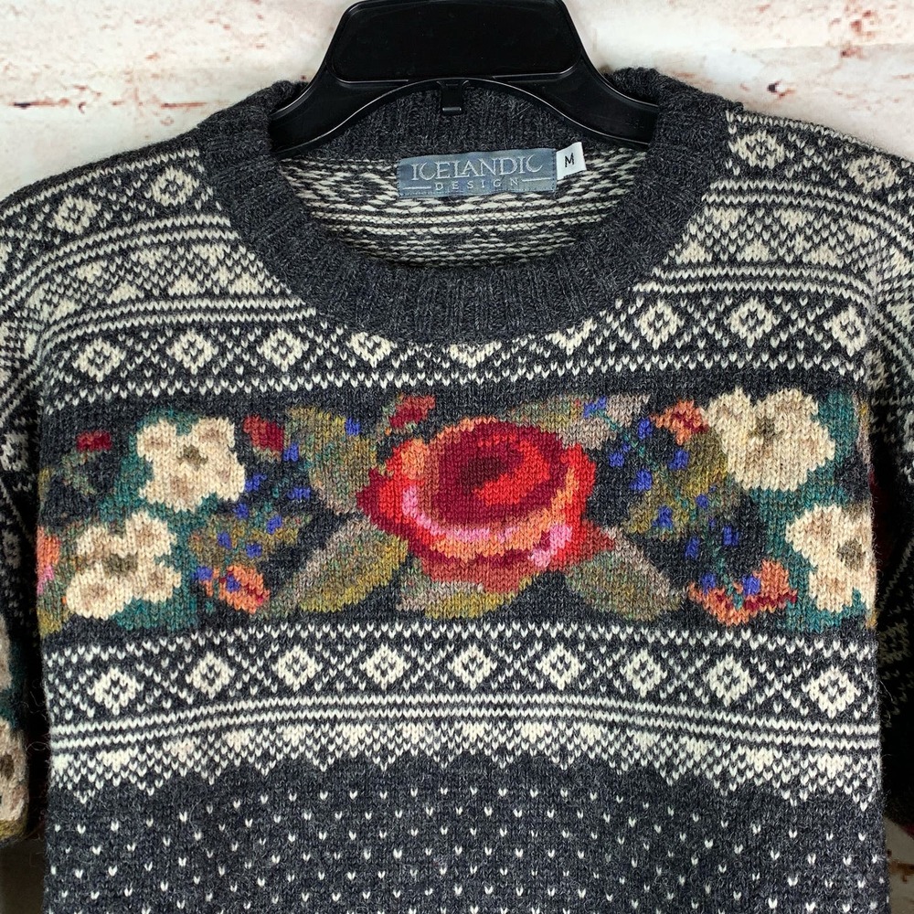 Icelandic Design Sweater Nordic Floral Gray Neck 100% Wool Size M - Picture 2 of 10